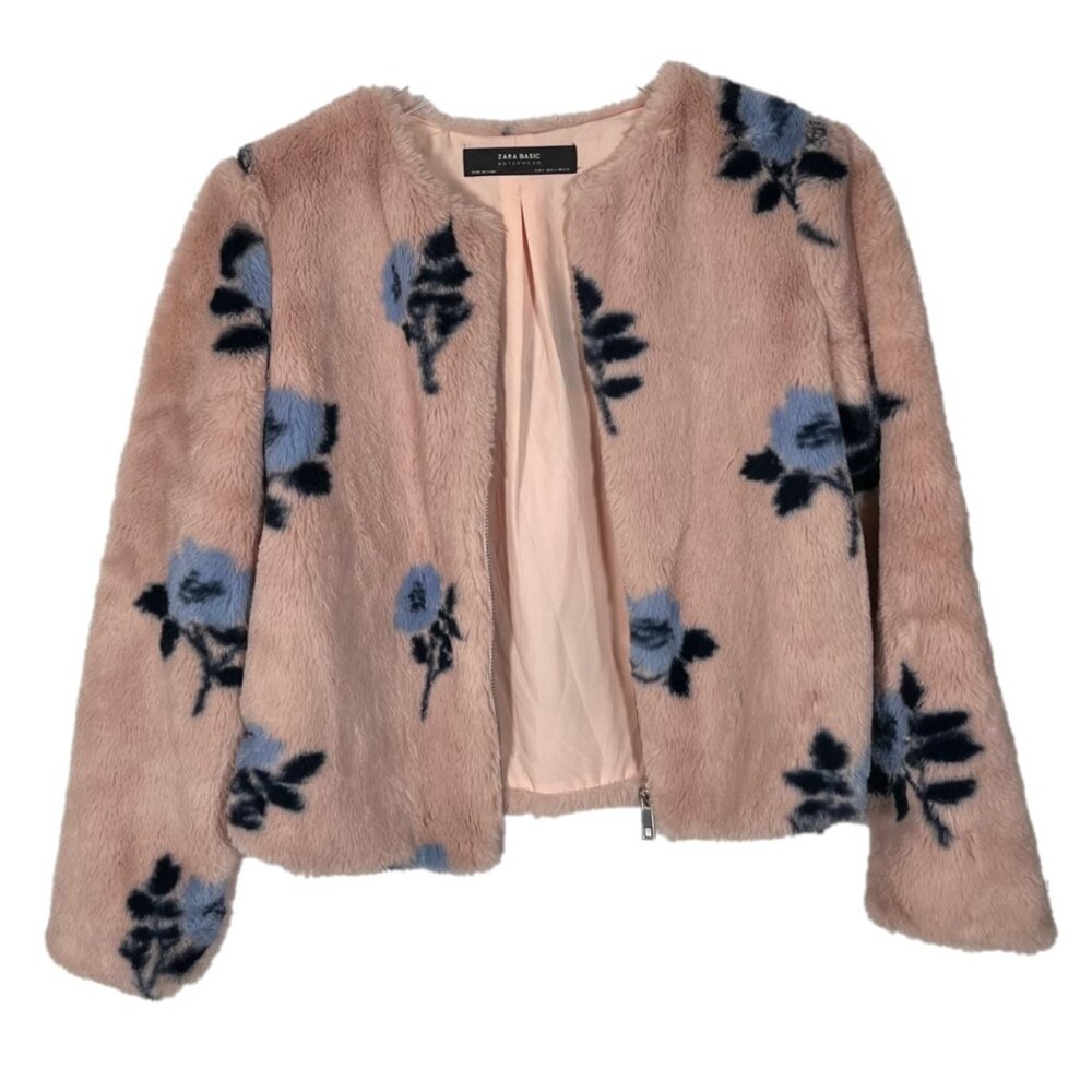 Zara Plush Faux Fur Floral Zip Up Coat Size Small - Picture 2 of 5